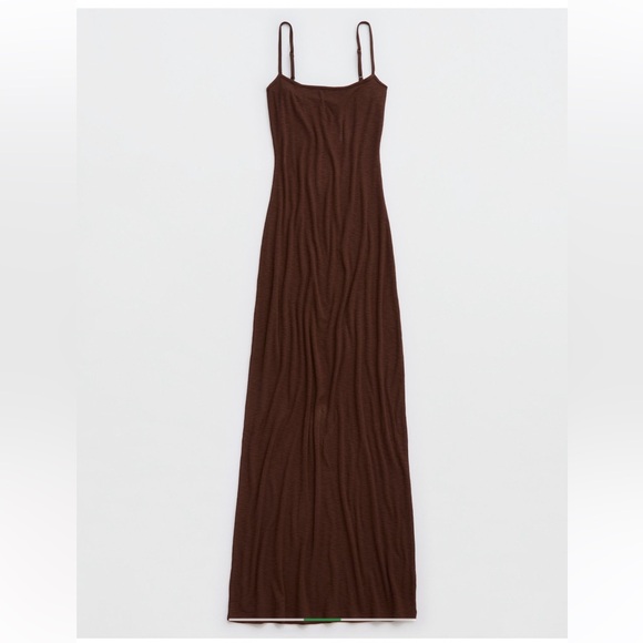 aerie Brown Ribbed Maxi Slip with Spaghetti Straps Dress Women’s Large - Picture 3 of 6